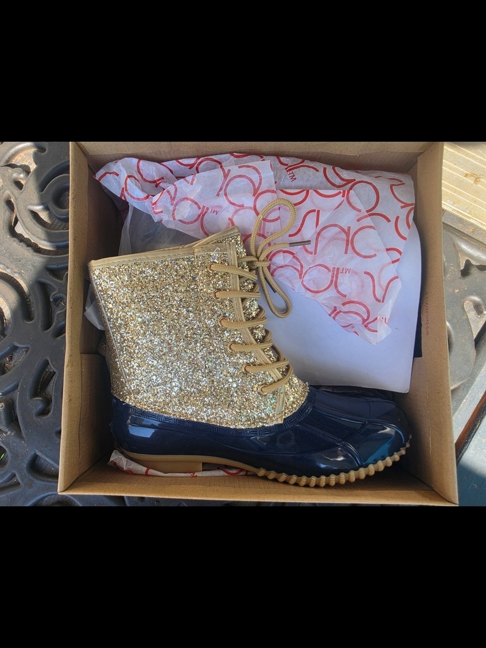 NEW Women SUGAR Navy Blue & Gold Glitter Women's Duck Boots Shoes, $65, Size 7